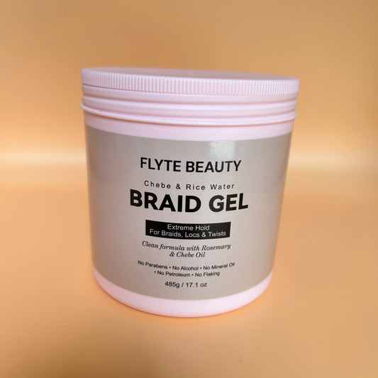 Flyte Beauty Braid Gel container on a gradient background